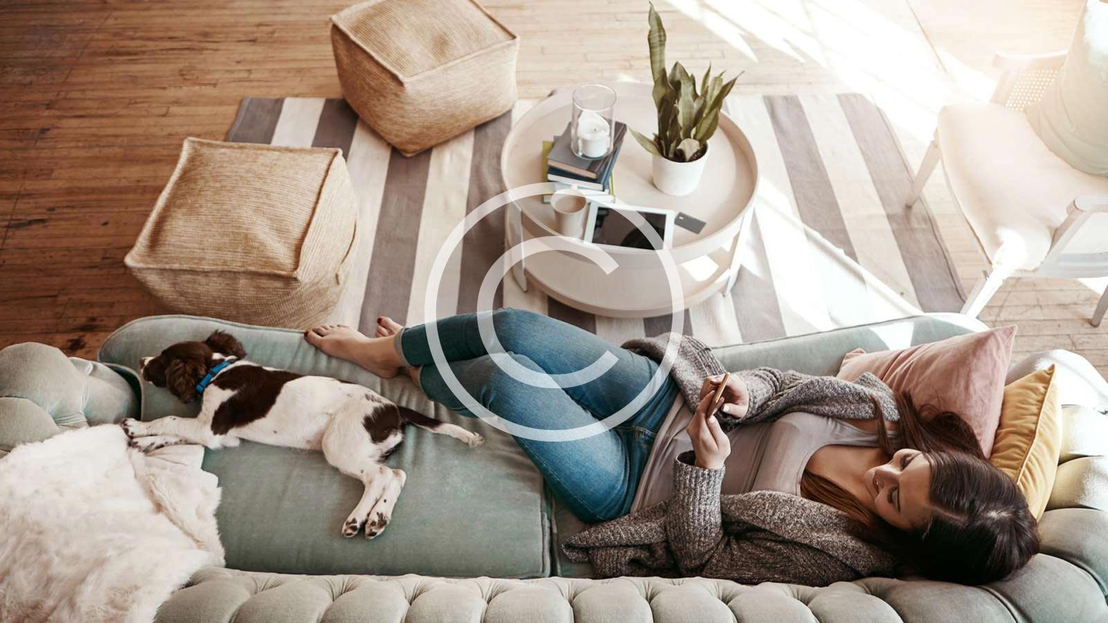 A Woman enjoying her phone while laying on the couch with her sleeping dog
